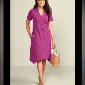 Soft Surroundings Fuchsia Decorative Collared Button-Down Dress MP